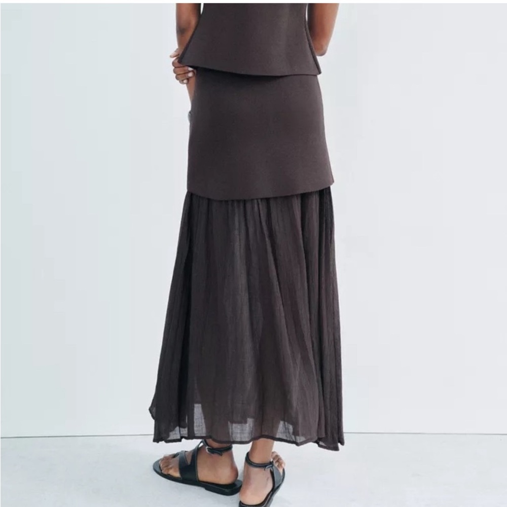 Zara NWT dark brown mixed combination midi pleated contrasting skirt - Picture 14 of 15